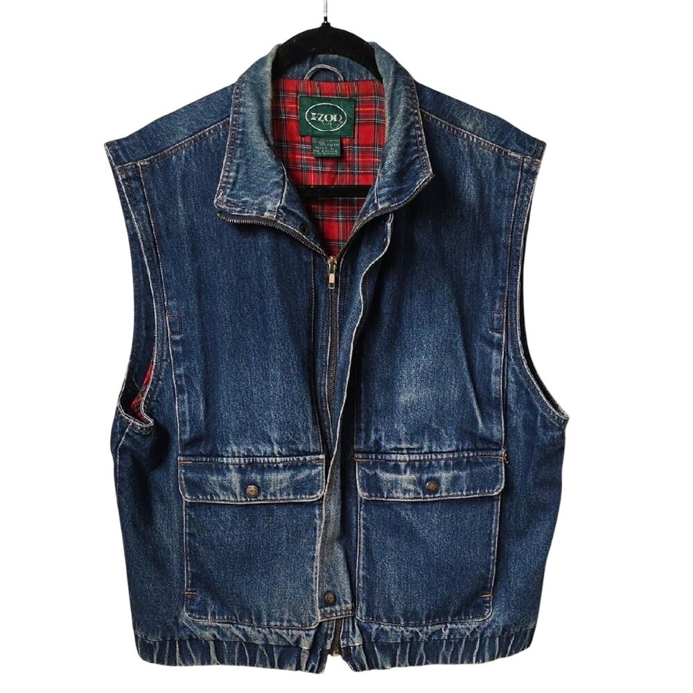 IZOD Vintage Denim Utility Vest Plaid Lining Club Vest Mens Size Large